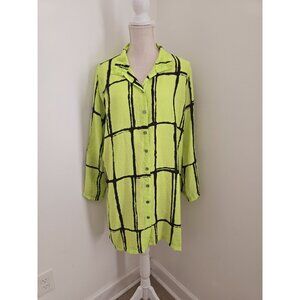 John Mark Abstract Neon Green Black Collared Roll Tab Tunic Blouse Top Shirt XL